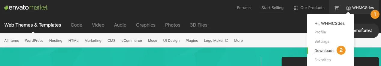 ThemeForest account menu with the Downloads link