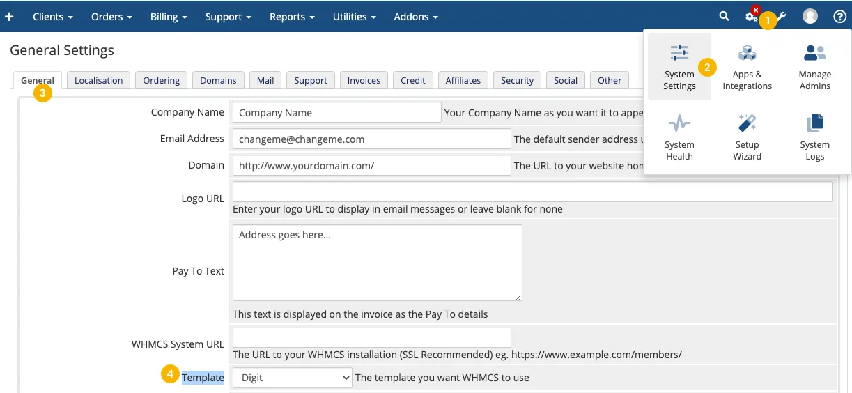 Selecting Digit as the WHMCS system template