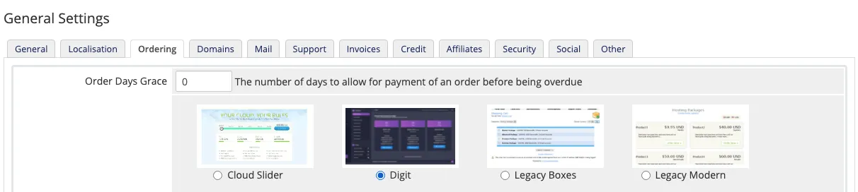 Selecting Digit as the default order form template
